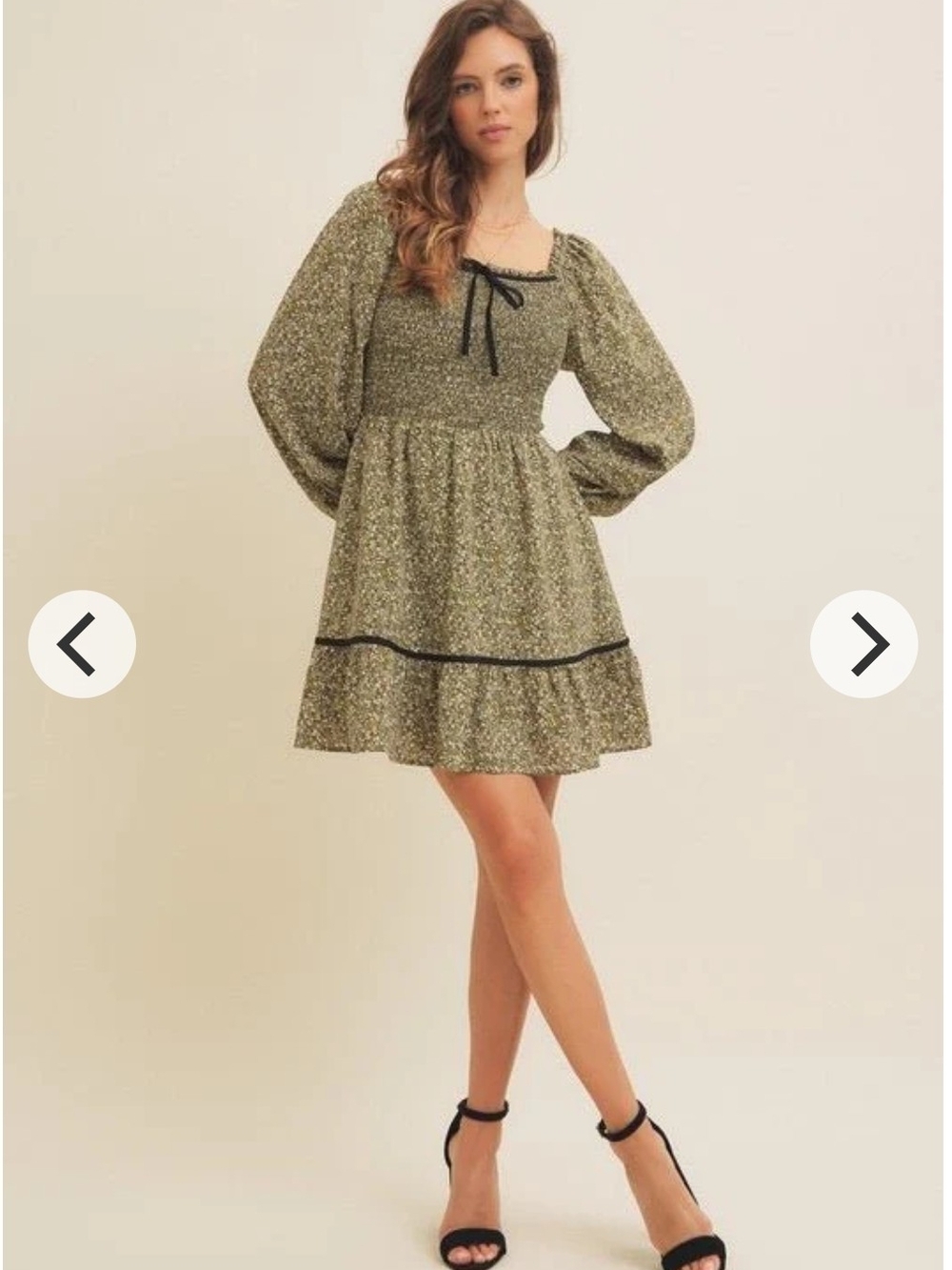 Smocked Olive Mini Dress with Puff Sleeves and Contrast Trim Size M